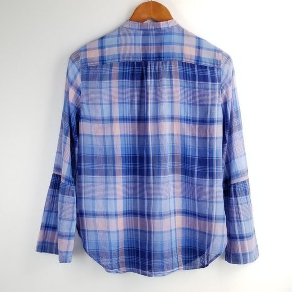 Loft Chambray Knit Softened Plaid Shirt Bell Sleeve - Picture 5 of 8